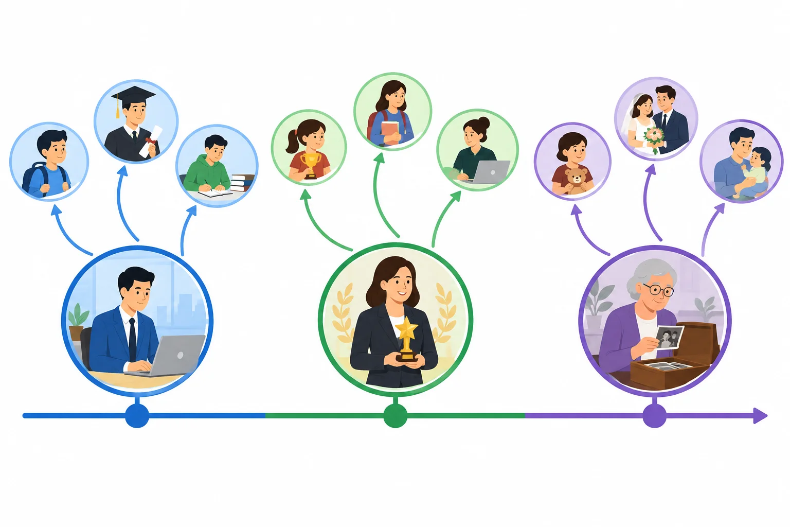 Linha do tempo com três momentos de referência diferentes e setas que voltam a acontecimentos anteriores a cada um deles.