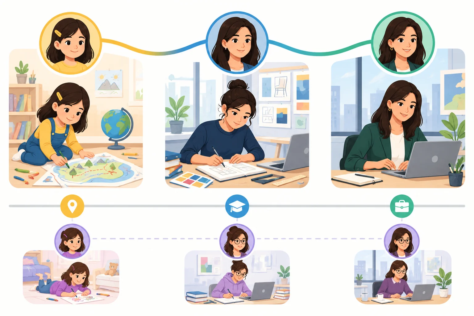 Diagrama de uma mesma pessoa apresentada como criança, estudante e profissional, conectada por uma linha; outra pessoa aparece separadamente.