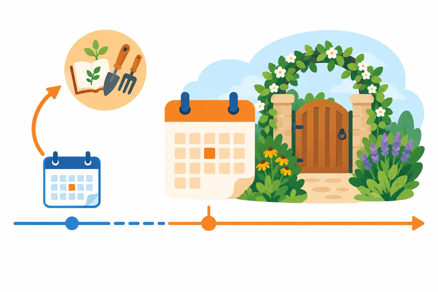 Esquema com um marco principal no jardim e uma seta que recua para uma fase anterior, representada por um curso de jardinagem.