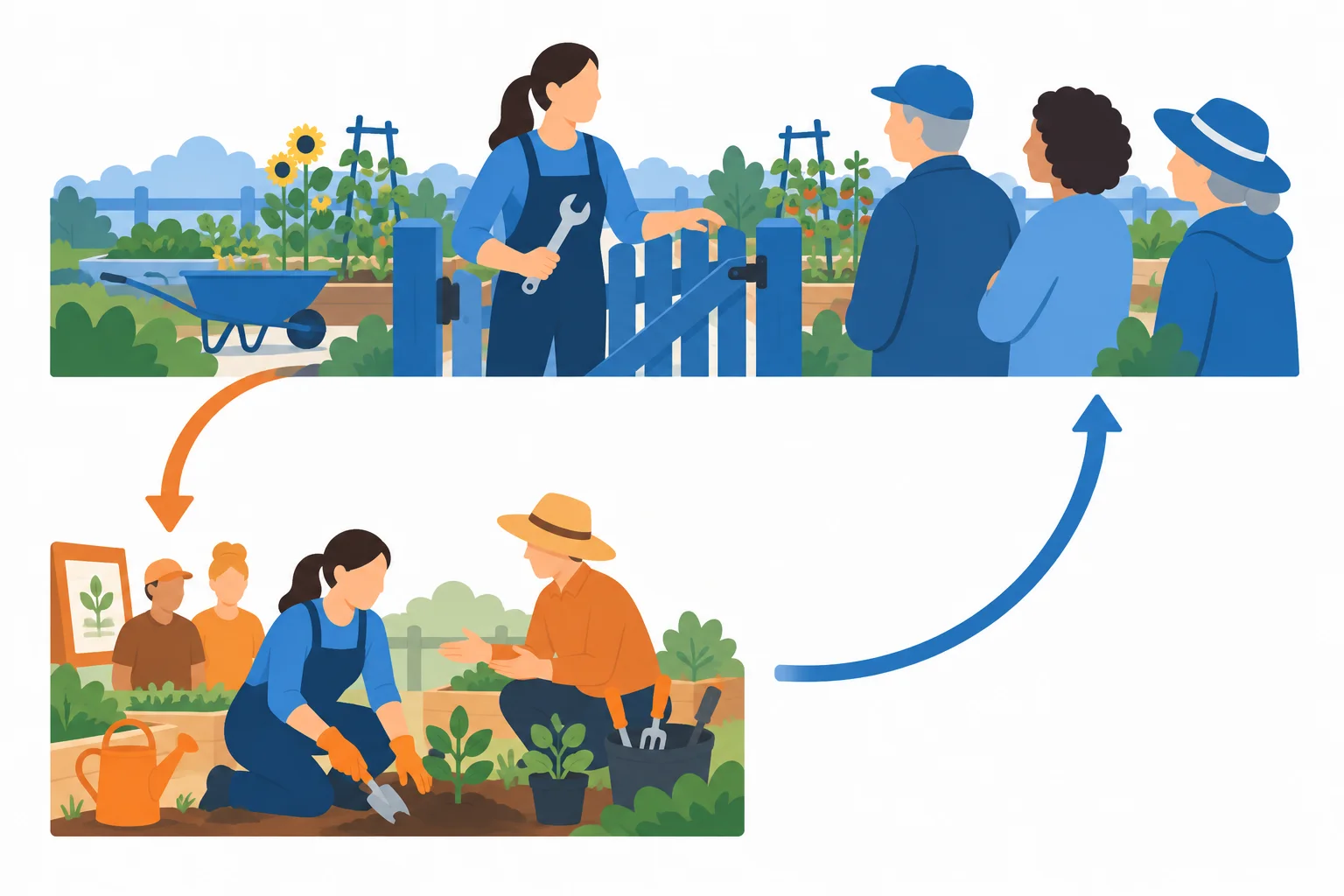 Diagrama de dois planos: a situação de Maya diante do portão no plano principal e, abaixo, o curso de jardinagem em uma fase anterior; setas conectam os dois momentos.