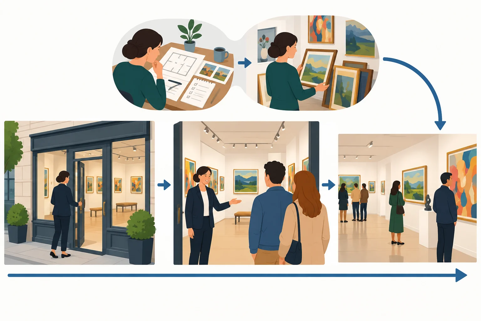 Linha principal mostra a abertura de uma galeria e visitantes chegando; acima dela, uma ramificação mostra o planejamento anterior e retorna à abertura.