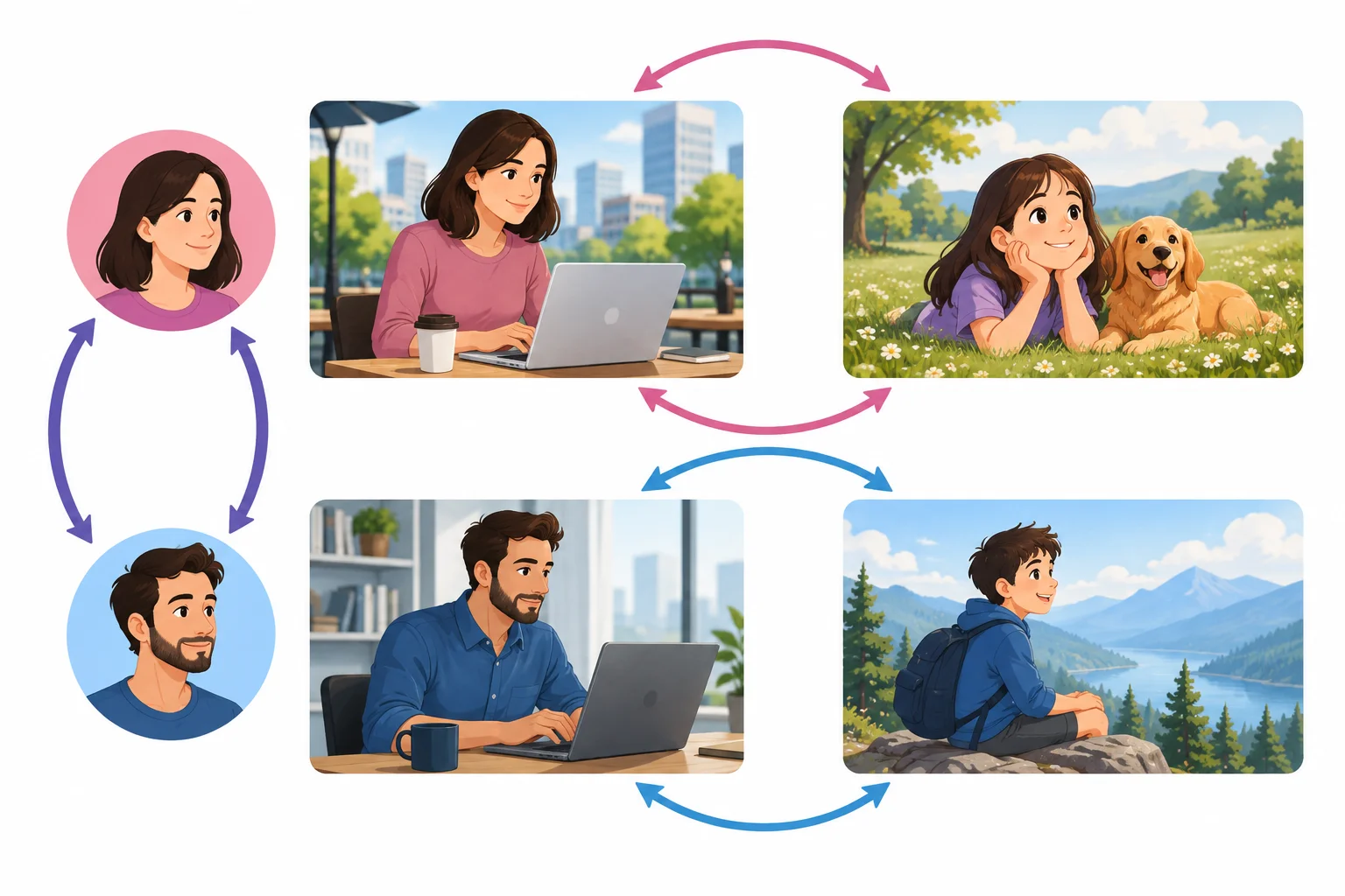 Diagrama com duas pessoas e dois planos temporais, mostrando que as mudanças de pessoa e de fase podem ocorrer separadamente.