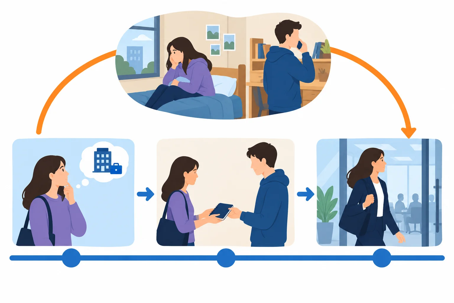 Diagrama de uma linha principal sobre a decisão de Maya e um recuo para sua fase na faculdade, seguido de retorno à entrevista.