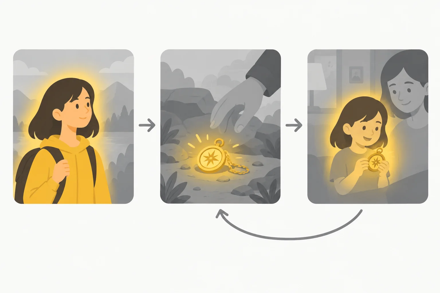 Diagrama de três momentos de uma narrativa, com apenas um elemento visualmente destacado em cada momento.