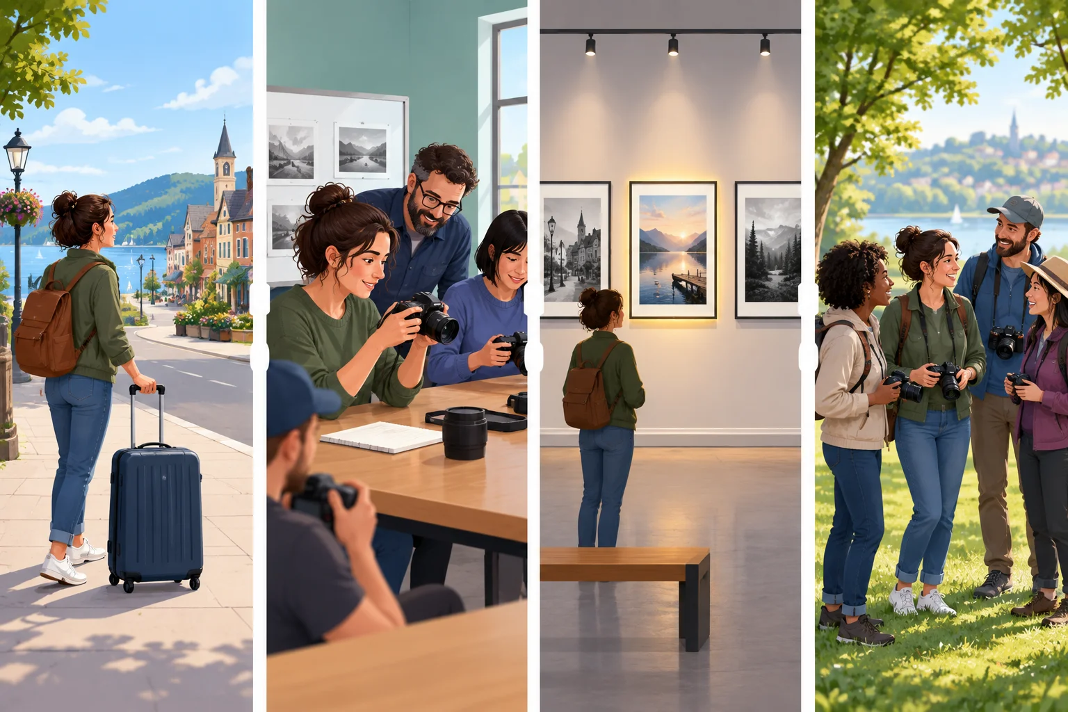 Sequência visual de quatro fases: chegada a uma cidade, curso de fotografia, foto escolhida em exposição e participação em grupo de fotógrafos.