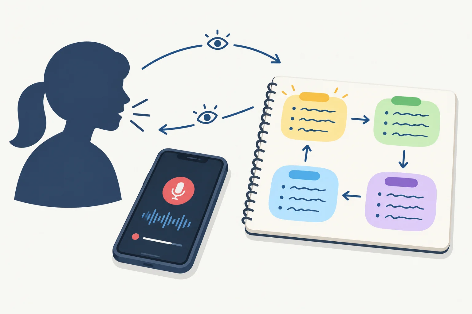 Ilustração de um gravador no celular ao lado de um roteiro curto em grupos de palavras-chave conectados, com setas indicando consultas rápidas entre partes da fala.
