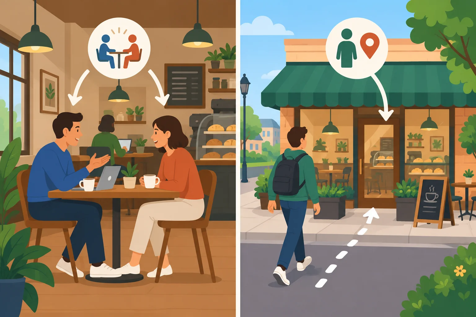 Comparação visual: pessoas se encontram dentro de um café e uma pessoa visita o mesmo café.