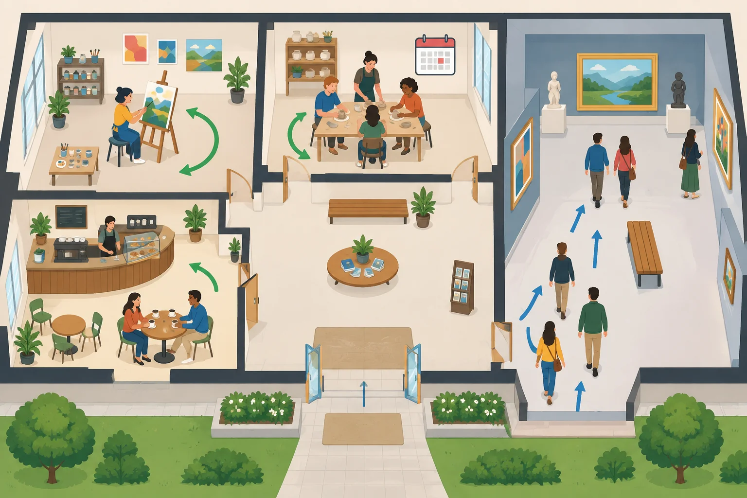 Planta ilustrada de um centro cultural com sala de arte, café, oficina ligada a uma sexta-feira e museu visitado por pessoas.