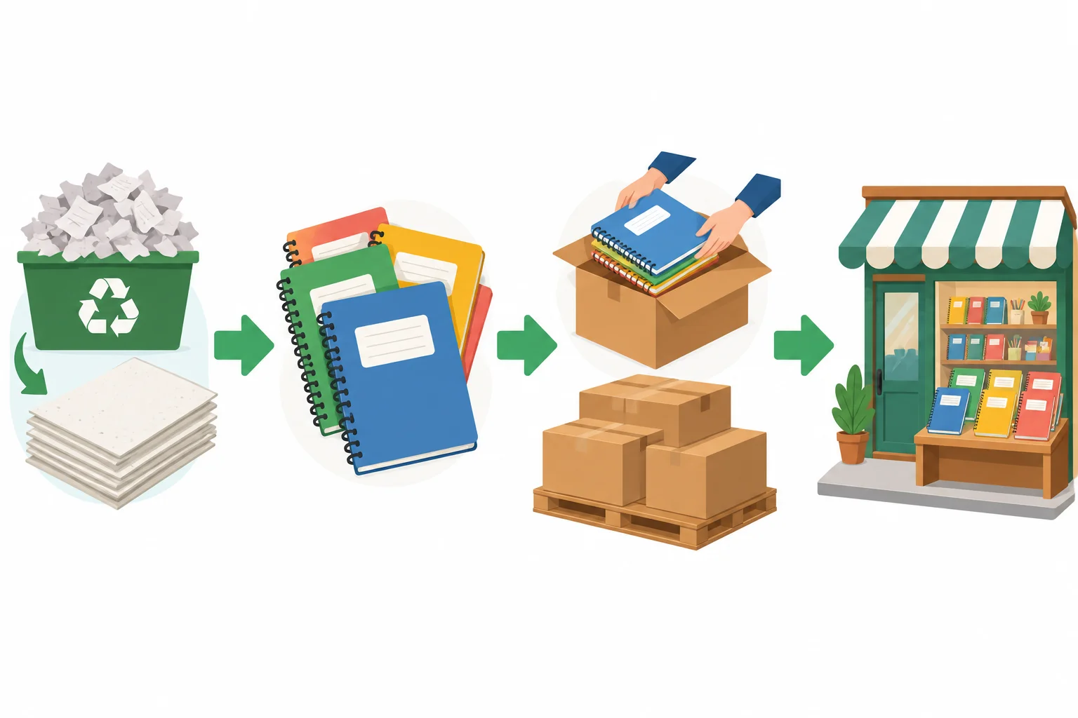 Fluxo visual: papel reciclado vira cadernos, os cadernos entram em caixas e as caixas chegam a uma loja.