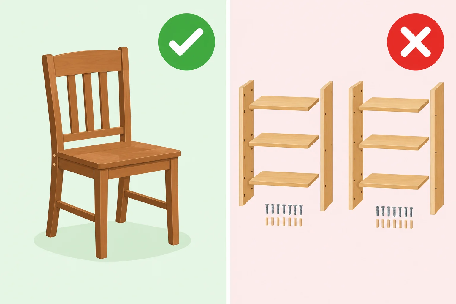 Registro visual: uma cadeira aparece consertada e duas prateleiras aparecem como não construídas.