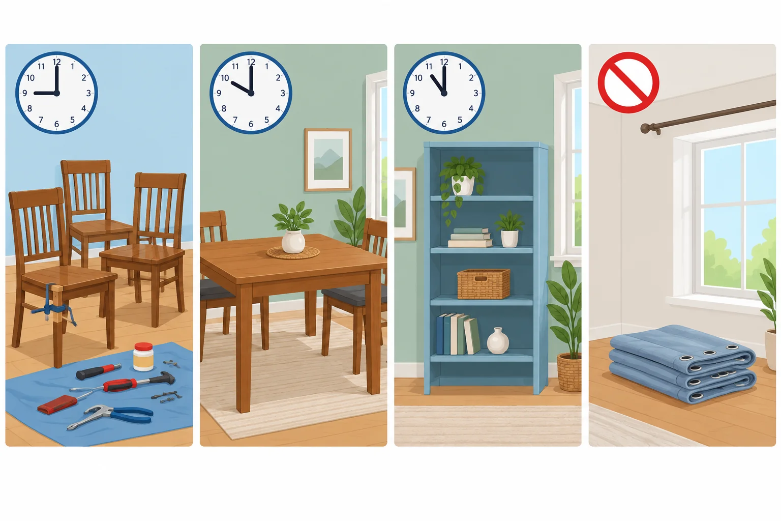 Linha do tempo visual: cadeiras reparadas às 9h, mesa construída às 10h, prateleiras pintadas às 11h e cortinas não instaladas.