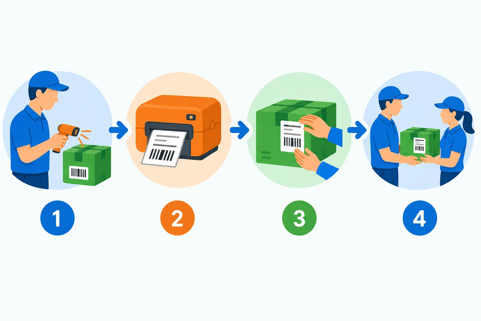 Diagrama de um pacote sendo escaneado por uma técnica com um leitor, recebendo etiqueta impressa e sendo recolhido por uma equipe de entrega.