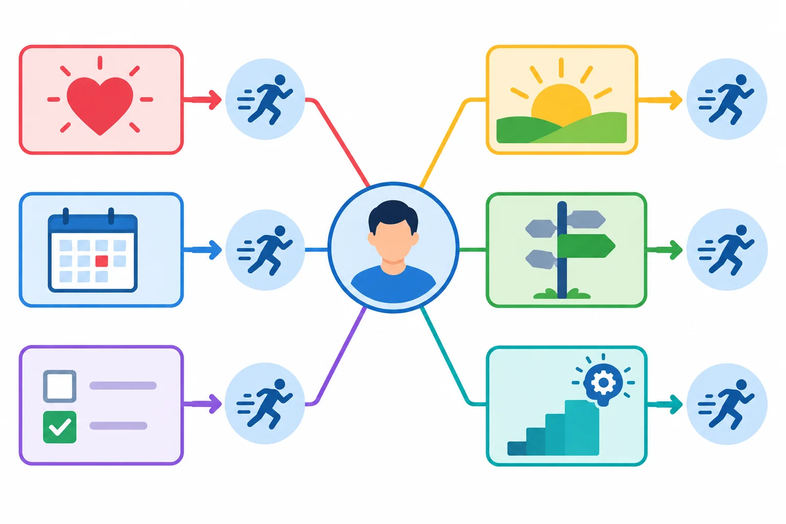 Diagrama com uma pessoa ligada a seis cartões simbólicos: desejo, expectativa, plano, decisão, escolha e aprendizado; todos apontam para uma ação.