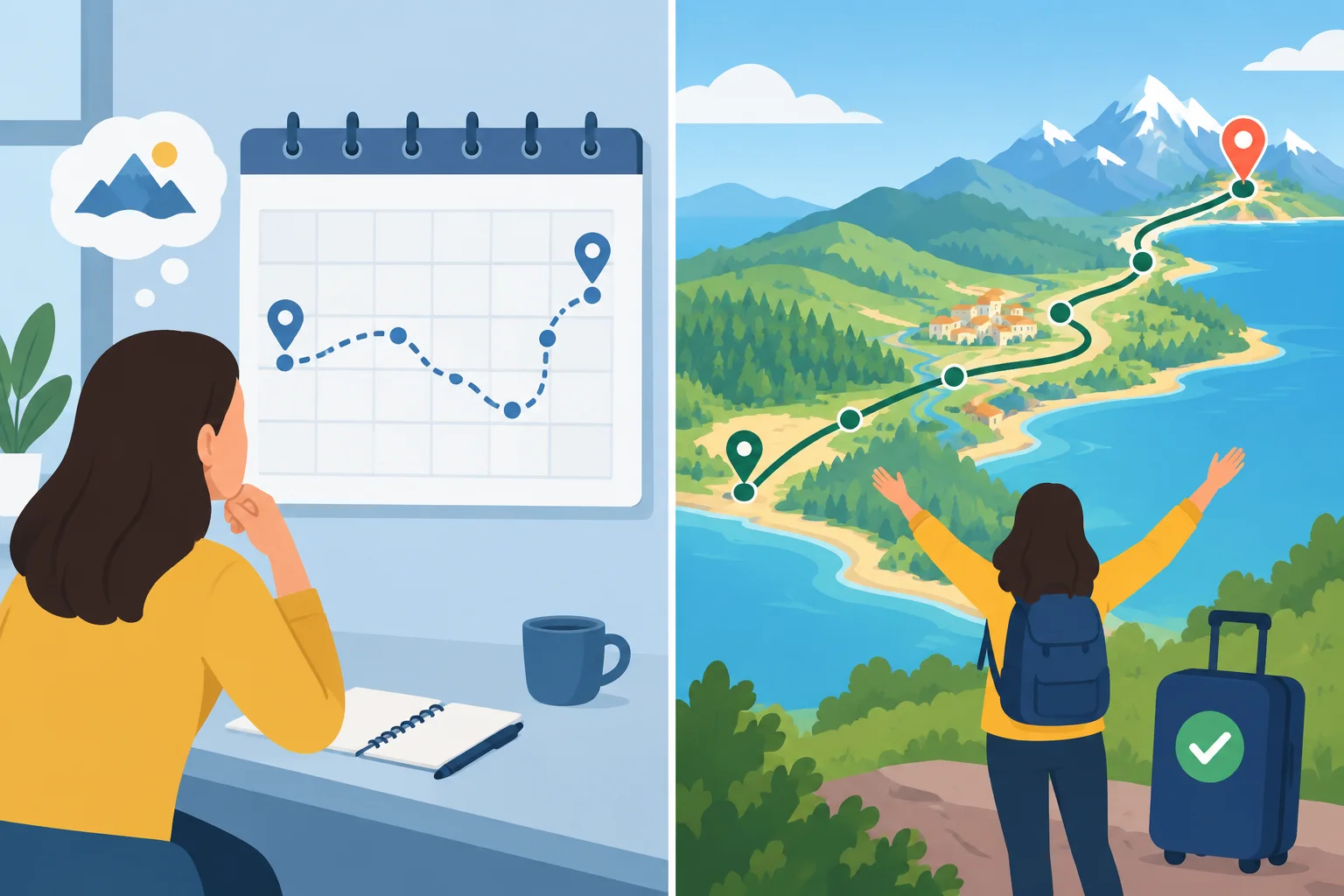 Comparação visual entre uma rota pontilhada planejada e uma viagem concluída.
