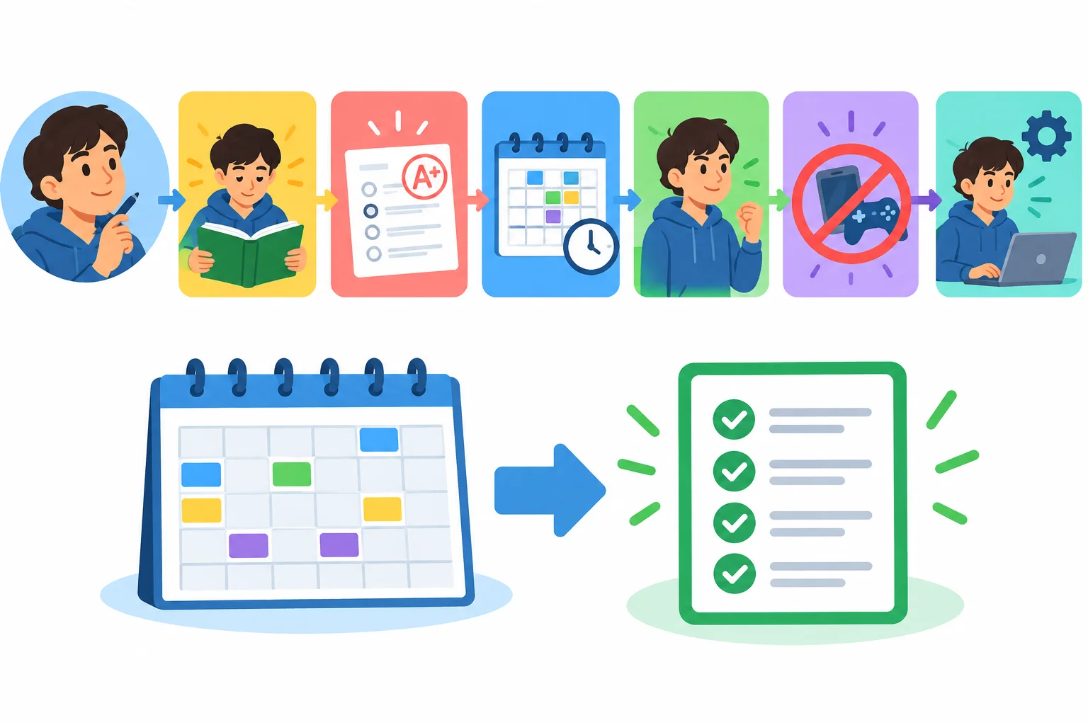Diagrama de uma estudante conectada a seis intenções ou escolhas e às ações correspondentes; um calendário de plano aparece separado de uma tarefa marcada como concluída.
