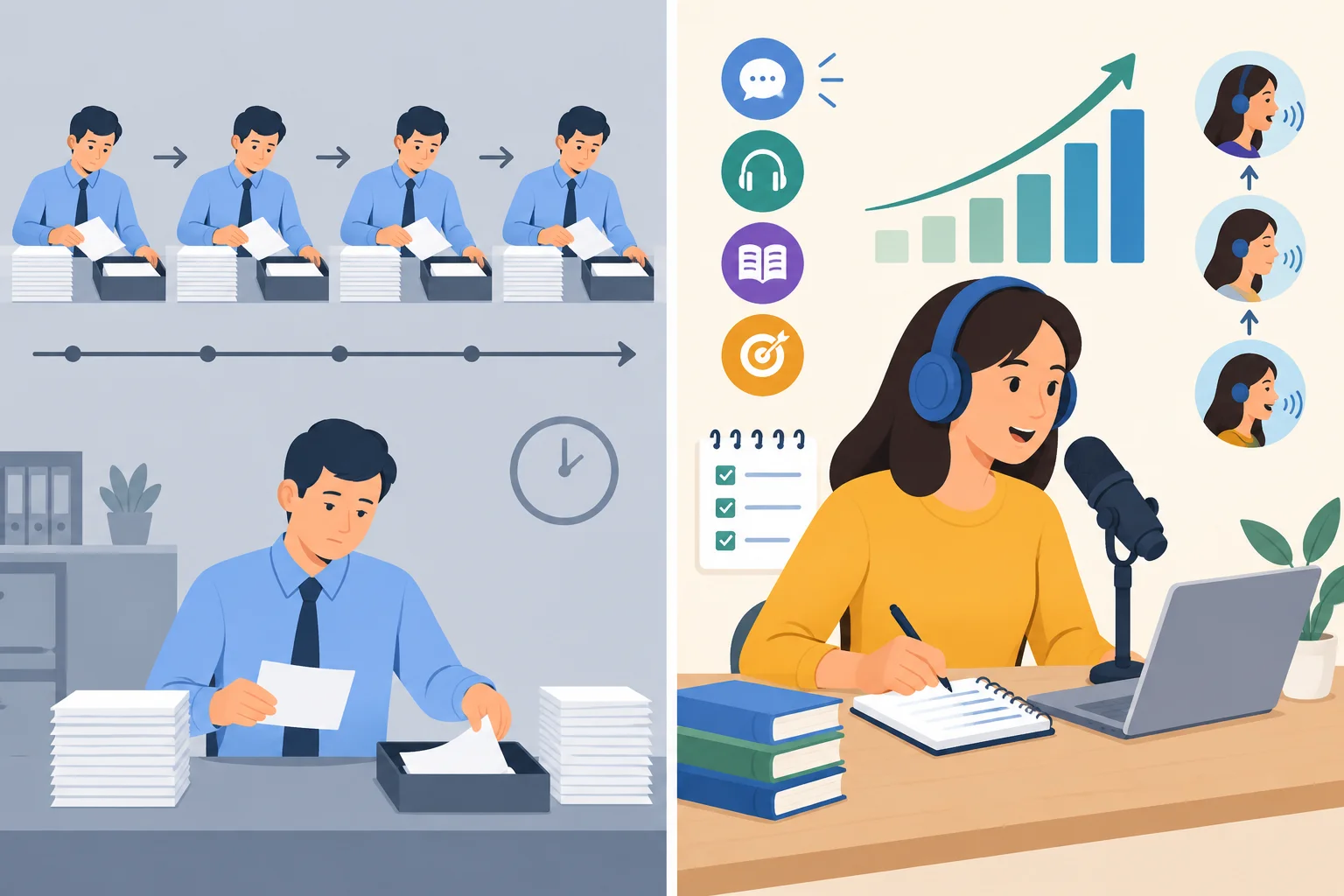 Comparação entre alguém repetindo uma tarefa de rotina e uma estudante treinando fala com fones e microfone.
