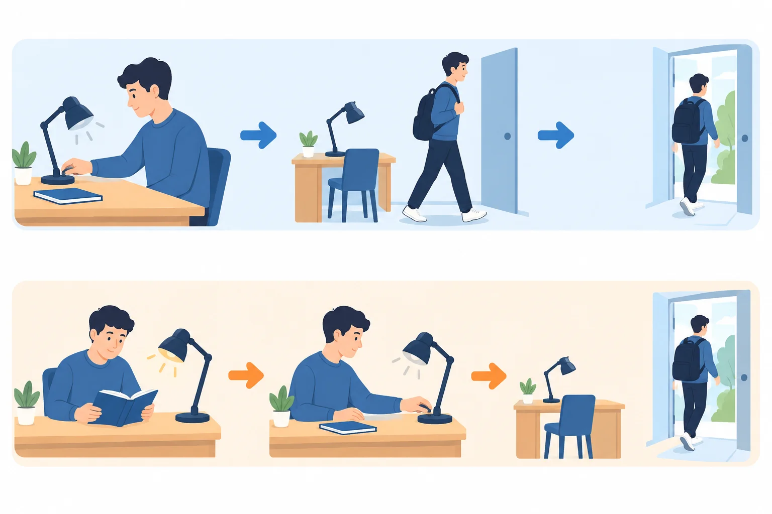 Linha do tempo visual mostrando o mesmo estudante realizando duas ações em sequências diferentes.