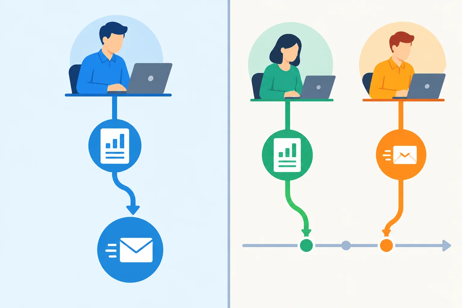Diagrama comparando uma pessoa que faz duas ações com duas pessoas que dividem as ações.