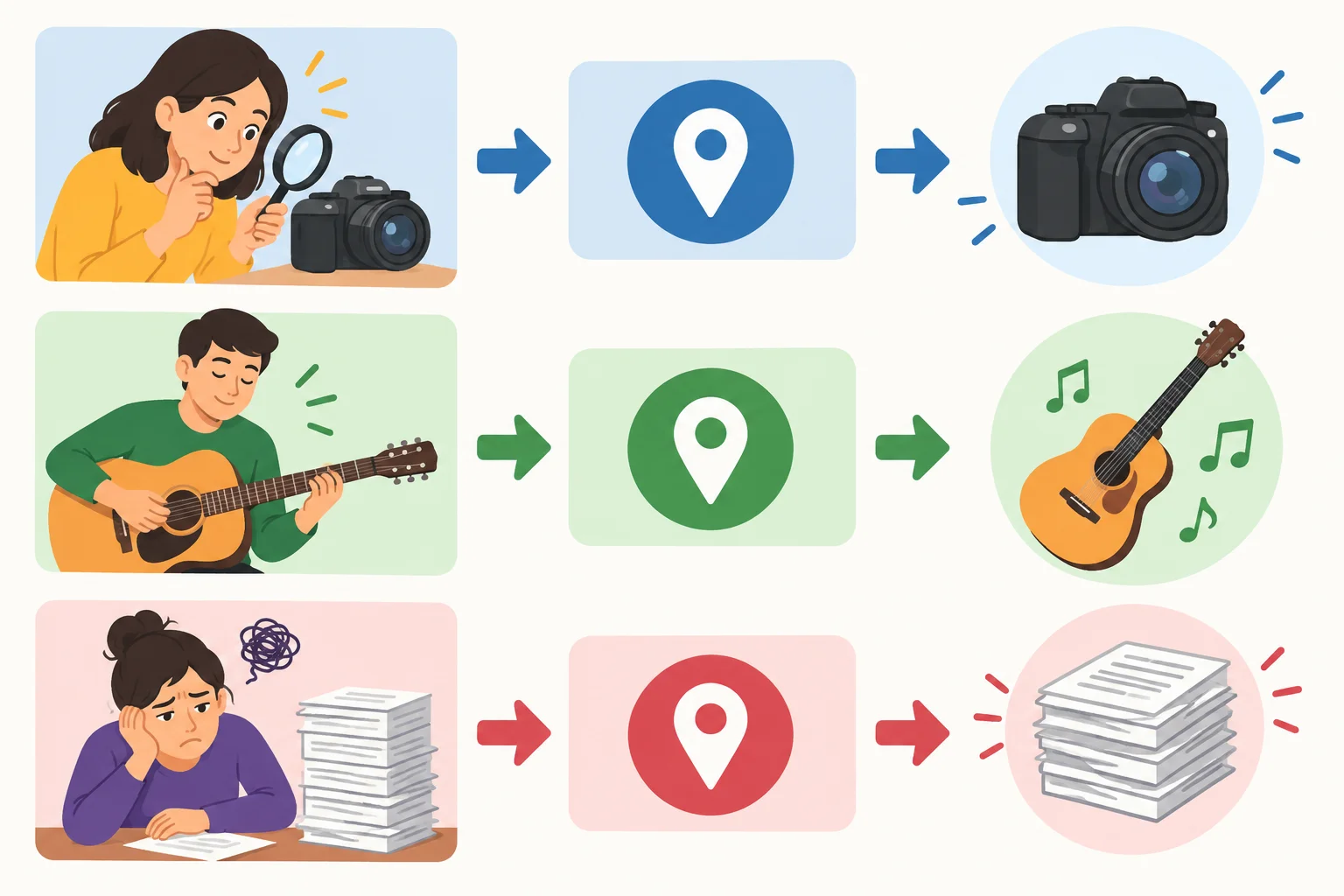Três sequências visuais representam interesse, habilidade e saturação ligados a uma atividade.