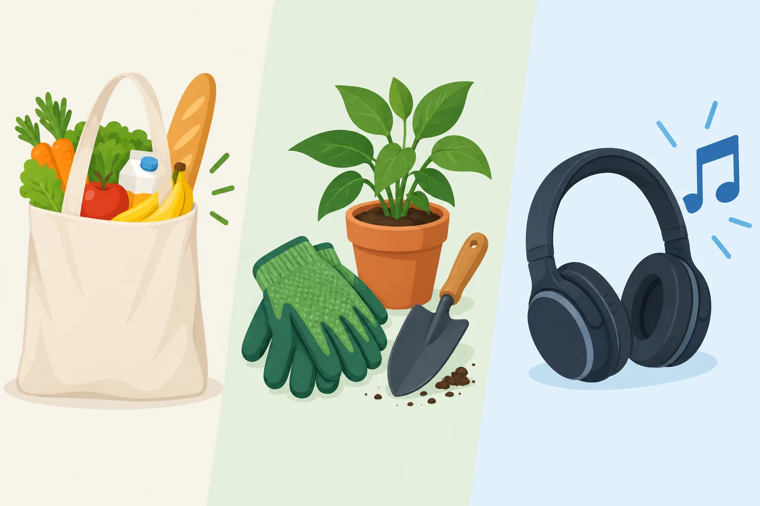 Uma sacola ao lado de compras, luvas ao lado de itens de jardinagem e fones ao lado de um símbolo de música.