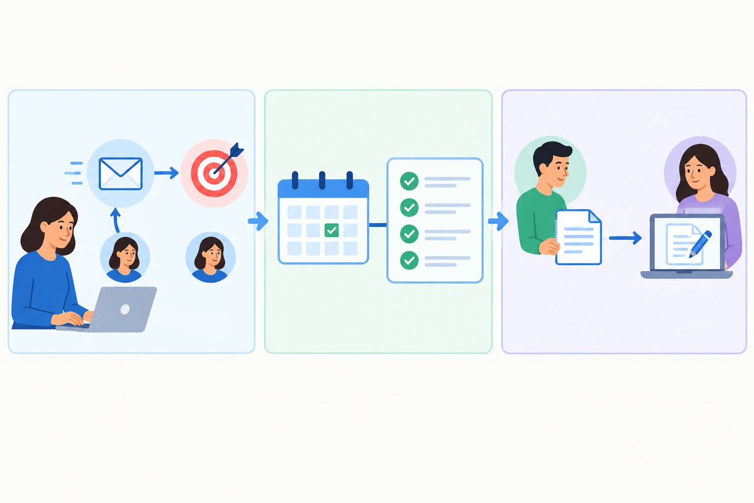 Diagrama com três casos: uma pessoa realiza uma ação para atingir um objetivo próprio; um calendário tem função de planejamento; uma pessoa envia um documento para que outra o edite.