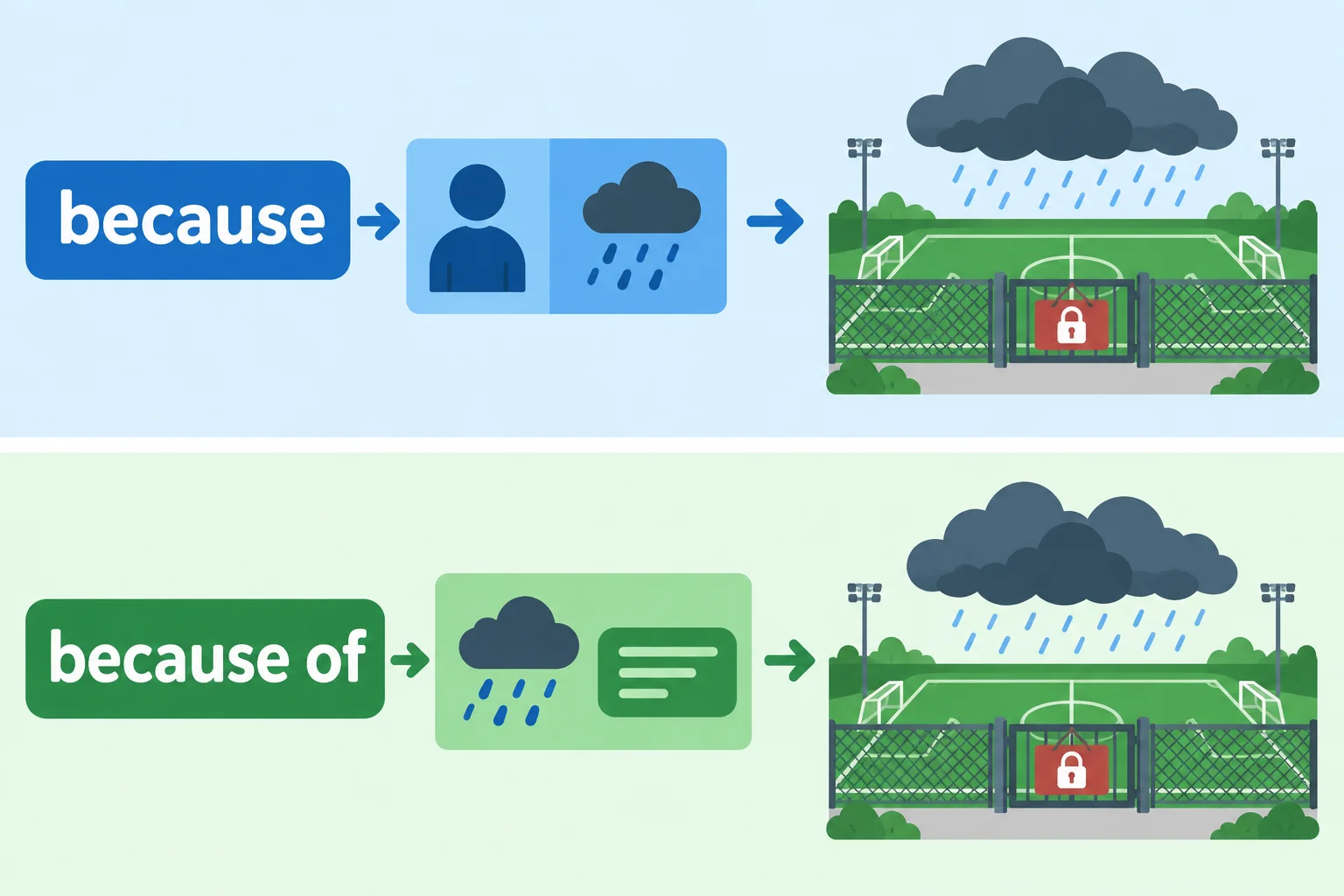 Diagrama comparando because seguido de uma oração com sujeito e verbo e because of seguido de um grupo nominal; ambos explicam o cancelamento de um jogo pela chuva.