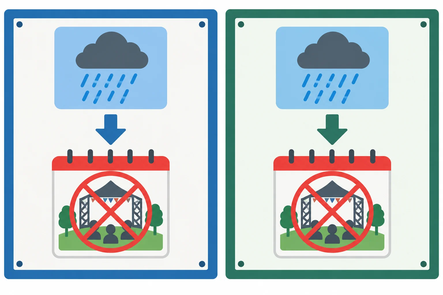 Dois avisos equivalentes: chuva forte leva ao cancelamento de um evento.