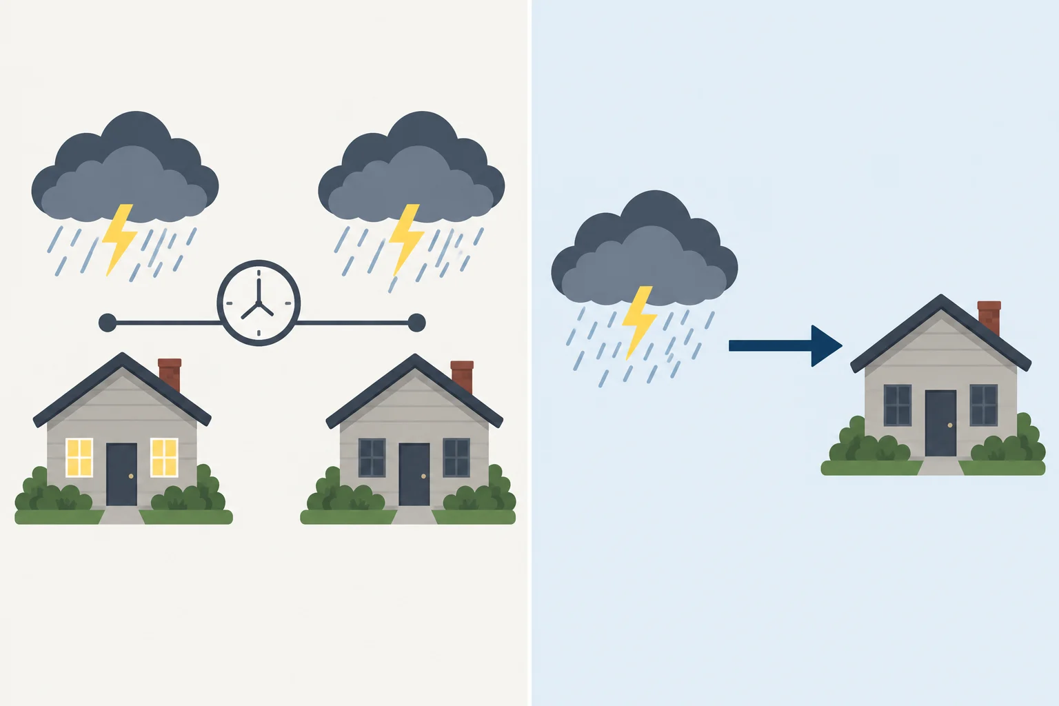 Comparação entre tempestade e falta de luz ligadas apenas no tempo e ligadas por uma seta de causa.