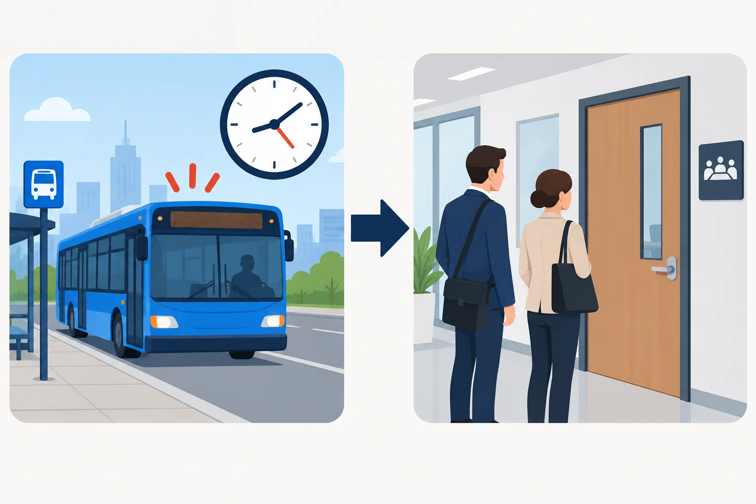 Um ônibus atrasado aponta, por uma seta, para duas pessoas chegando tarde a uma reunião.