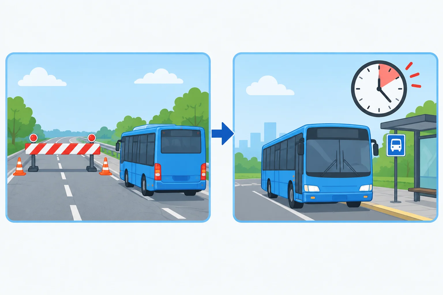 Um bloqueio na estrada leva a um ônibus chegando atrasado, com uma seta indicando causa e efeito.