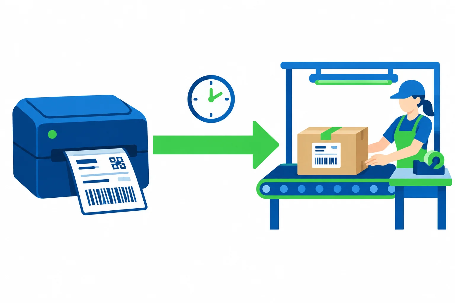 Diagrama de uma etiqueta saindo da impressora e um pacote indo imediatamente para a estação de embalagem, ligados por uma seta contínua.