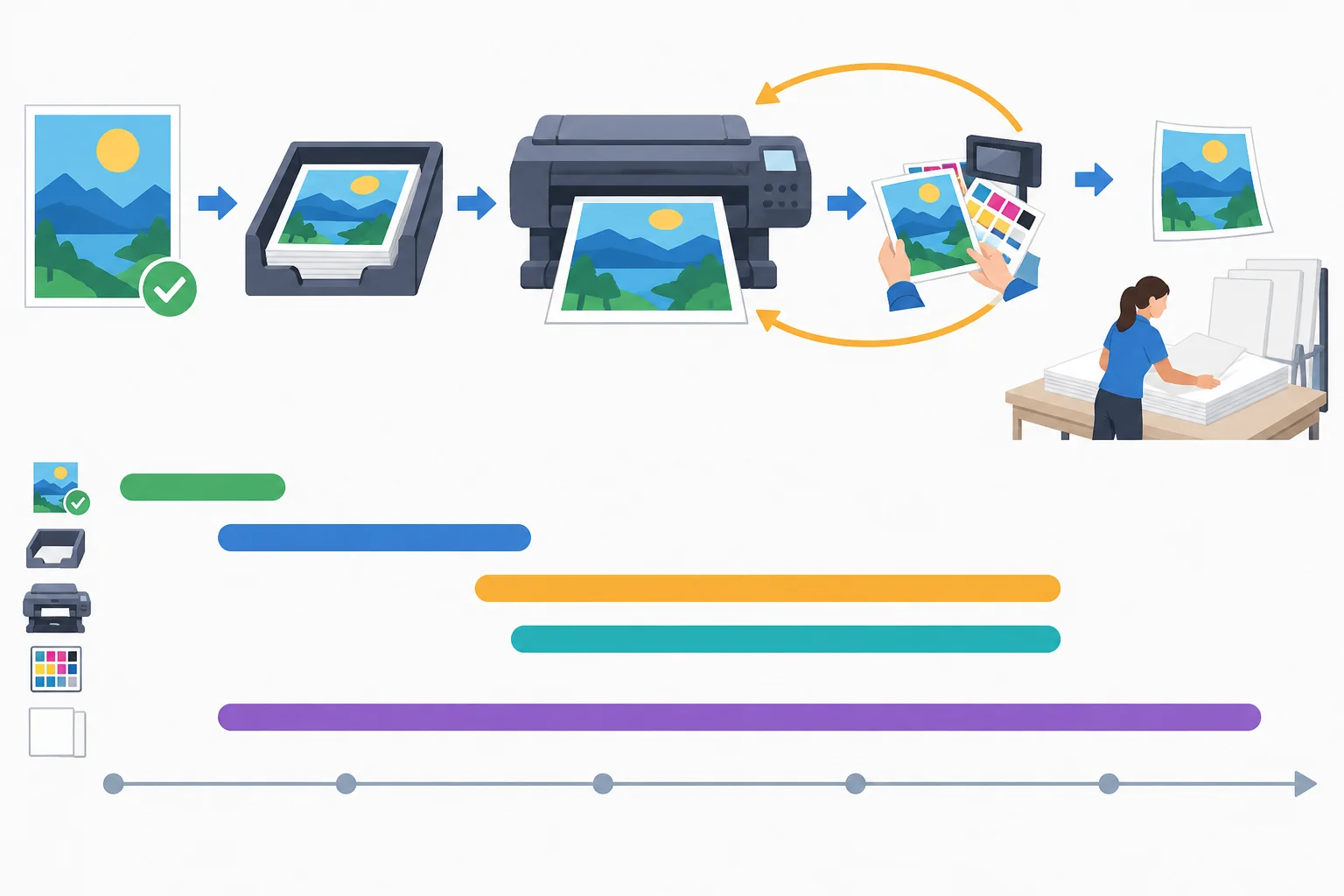 Diagrama de preparação de cartazes: aprovação do design, envio dos arquivos, impressão, conferência de cor e preparo simultâneo de painéis de exposição.