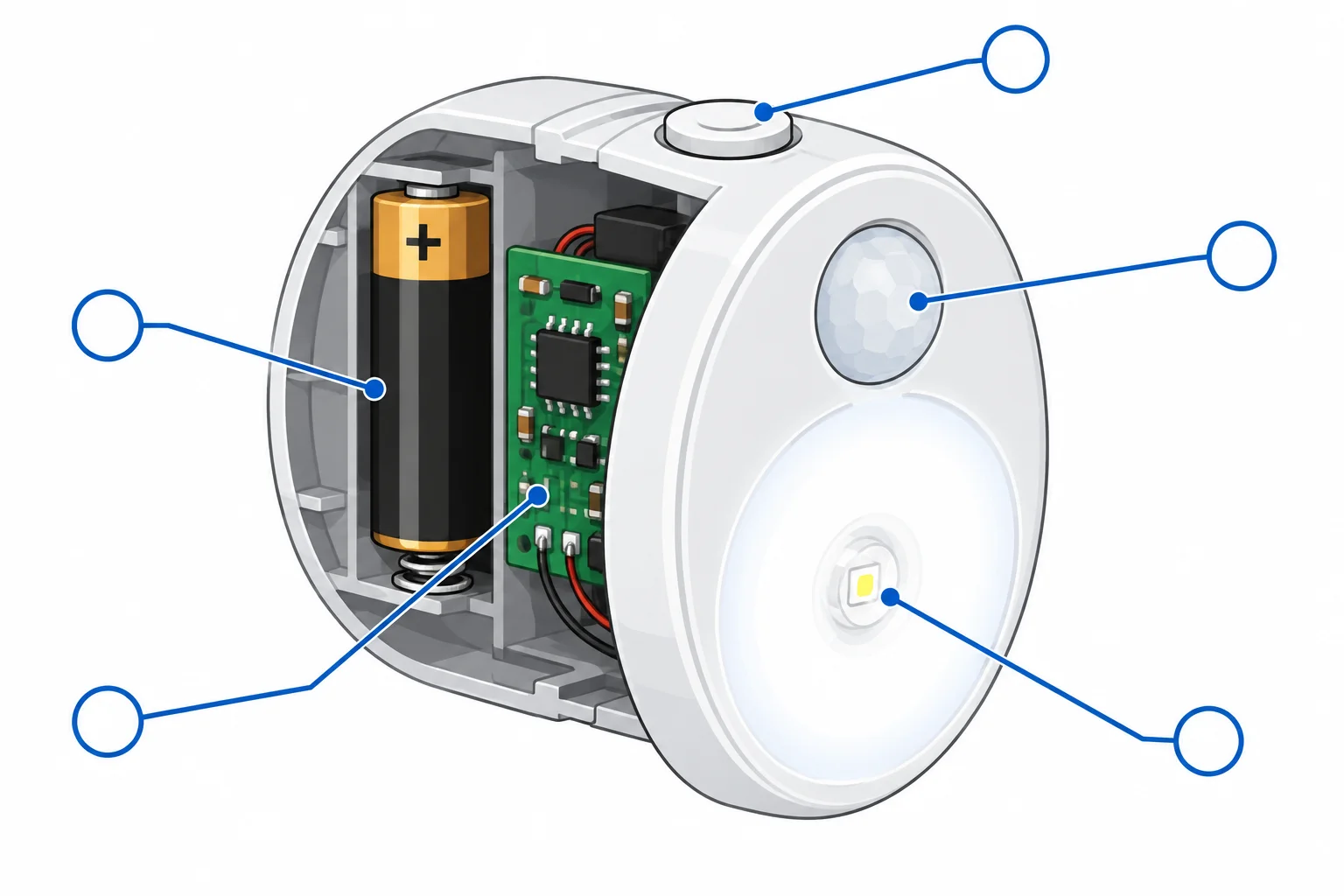 Diagrama em corte de uma luminária a pilha mostrando botão no topo, pilha no compartimento traseiro, sensor e LED na frente e circuito de controle interno.