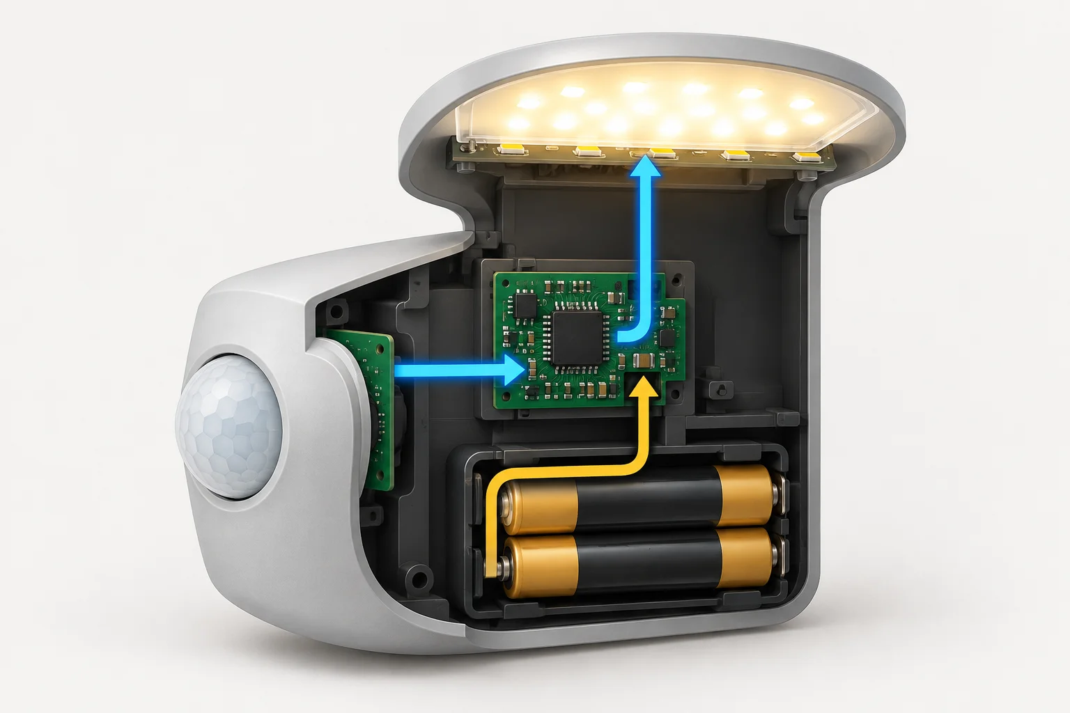 Diagrama de uma luminária: uma seta de sinal vai do sensor ao circuito de controle, enquanto a pilha alimenta o circuito por um caminho separado.