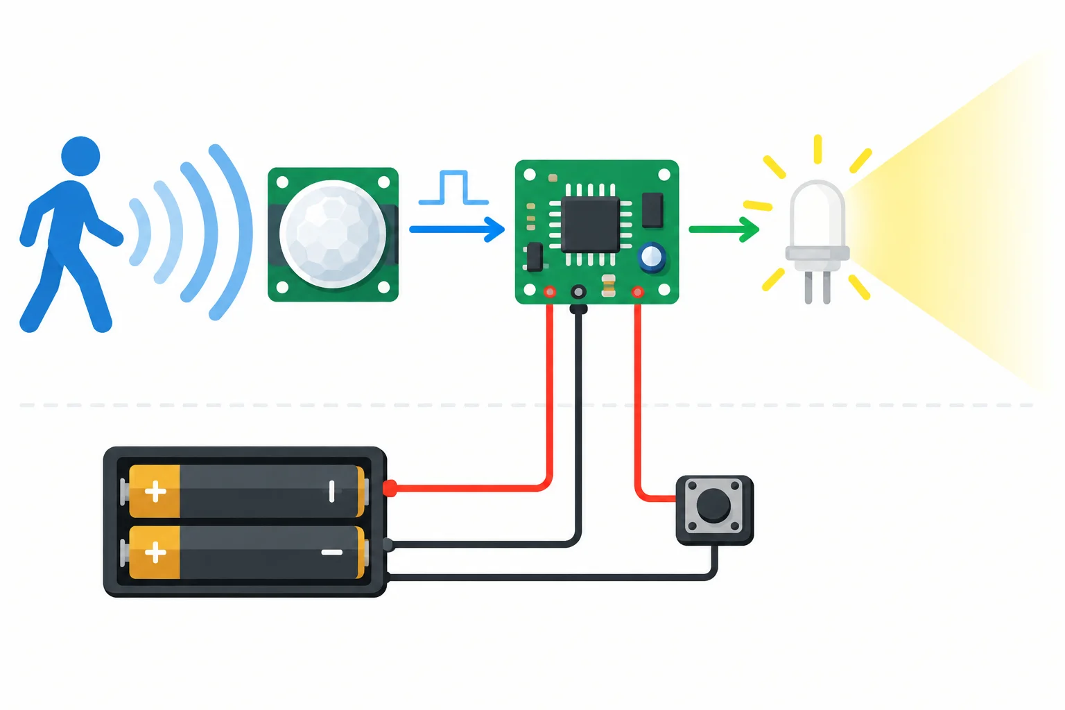 Diagrama da luminária: movimento chega ao sensor; um sinal segue ao circuito de controle; o circuito ativa o LED; o LED produz luz. A pilha e o botão aparecem separados como alimentação e ativação inicial.