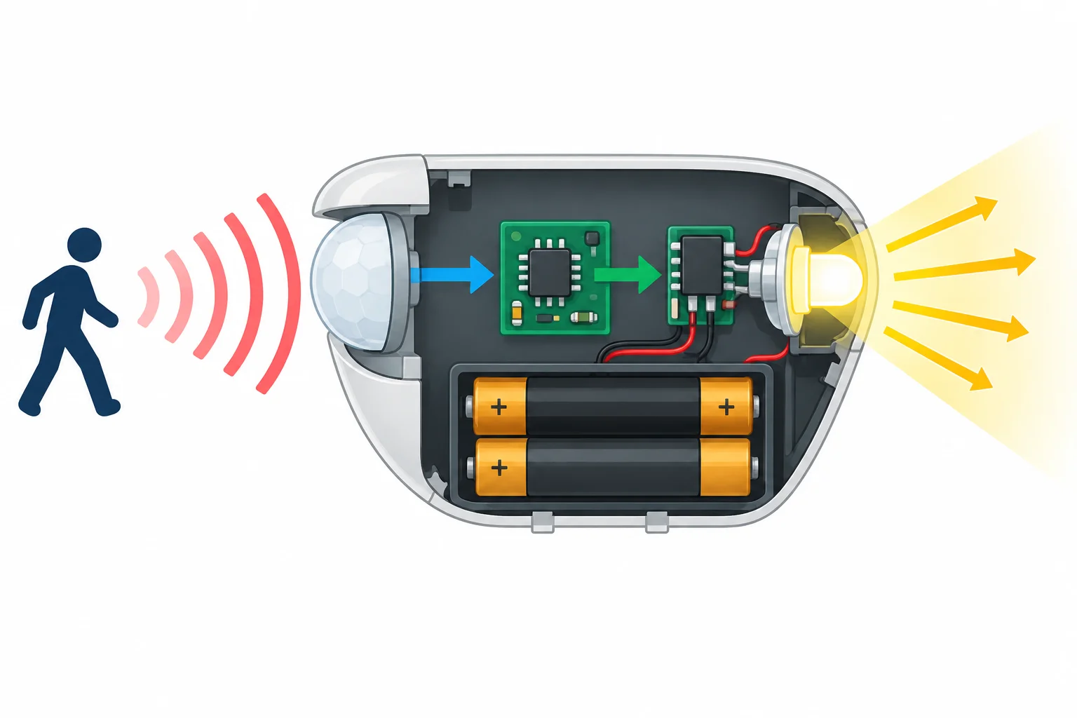 Diagrama da luminária: movimento chega ao sensor, o sinal vai ao circuito, o circuito ativa o LED e o LED emite luz.
