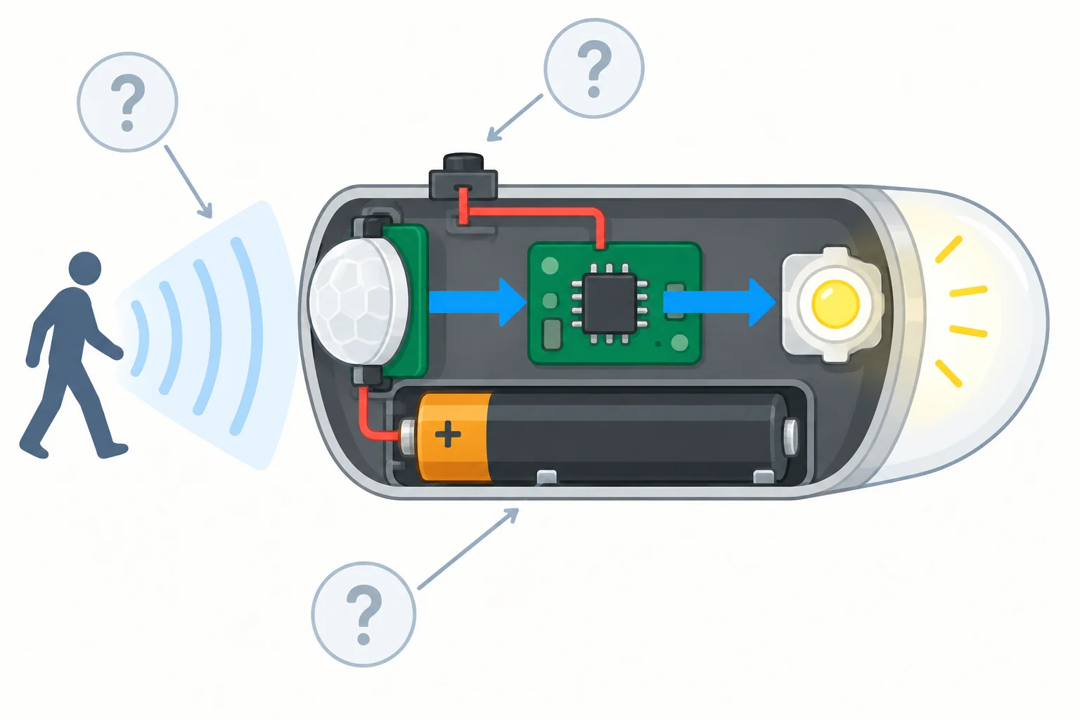 Diagrama de luminária com bateria, botão, sensor, circuito e LED; detalhes como alcance, duração e desligamento aparecem como não especificados.
