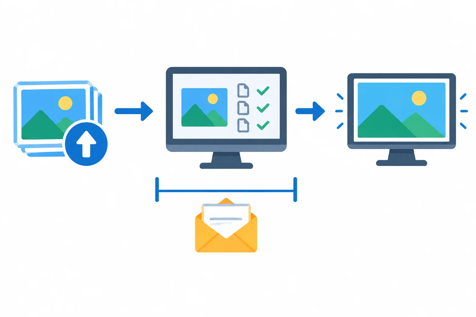Diagrama com upload de fotos, verificação e prévia em sequência; um e-mail de confirmação aparece em paralelo à verificação.