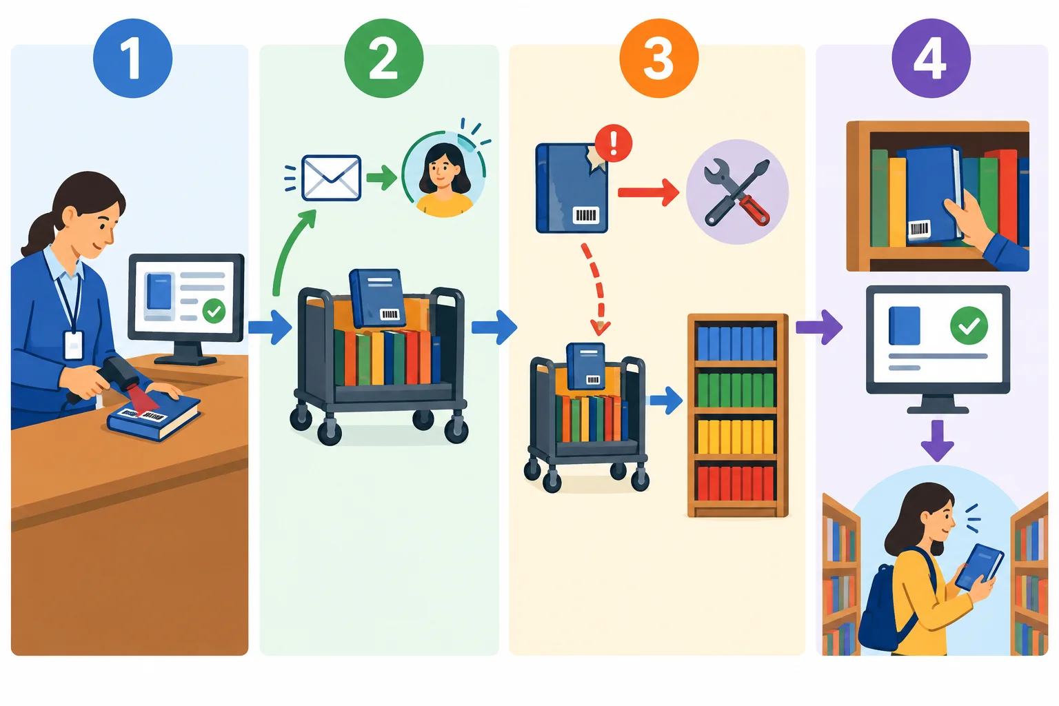 Diagrama do percurso de um livro devolvido: escaneamento, triagem em paralelo com aviso ao leitor, separação de cópias danificadas e colocação na estante.