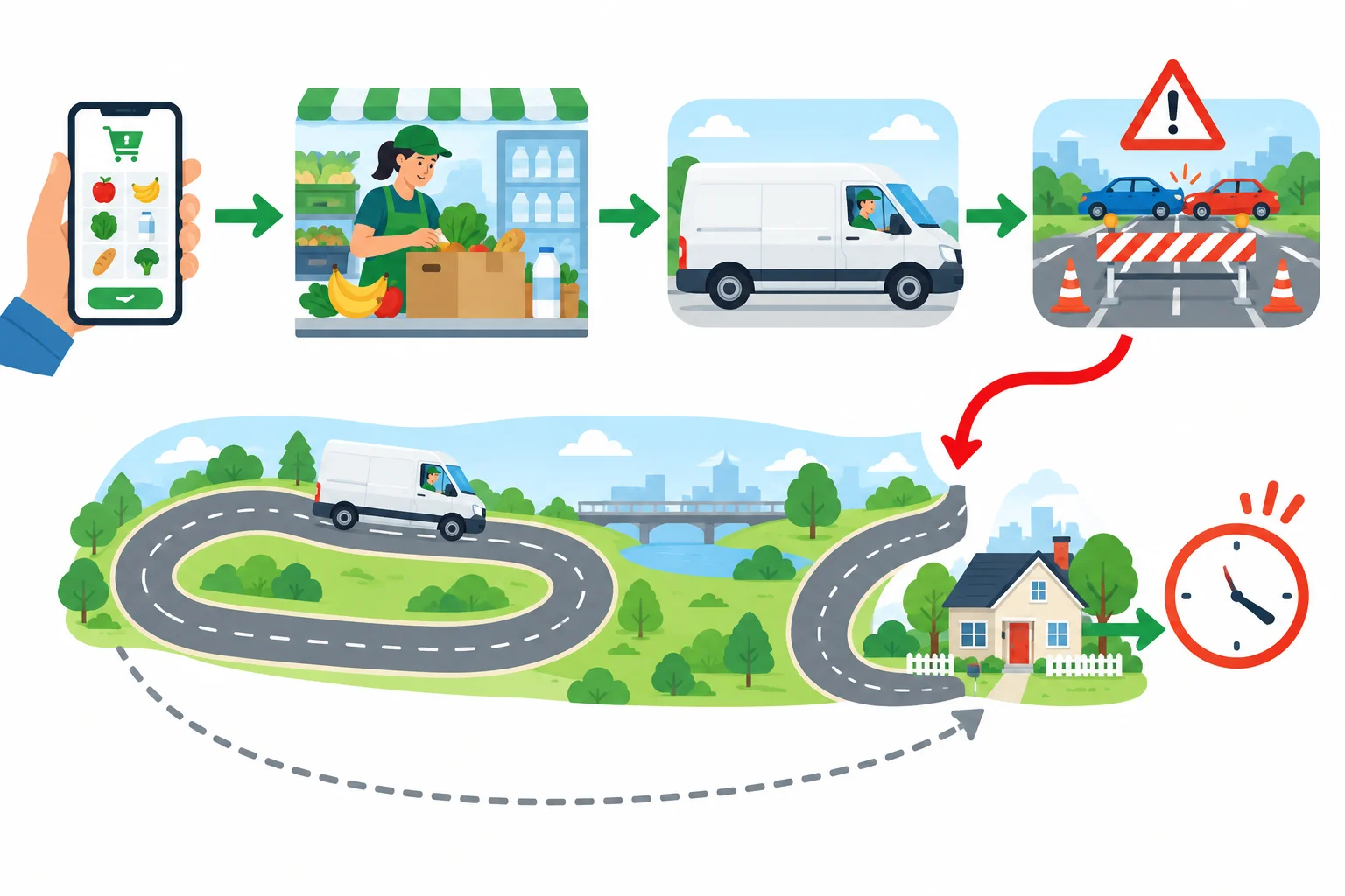 Diagrama do pedido saindo do celular, passando pela loja e pelo motorista; uma via fechada desvia o veículo por uma rota mais longa até a casa.
