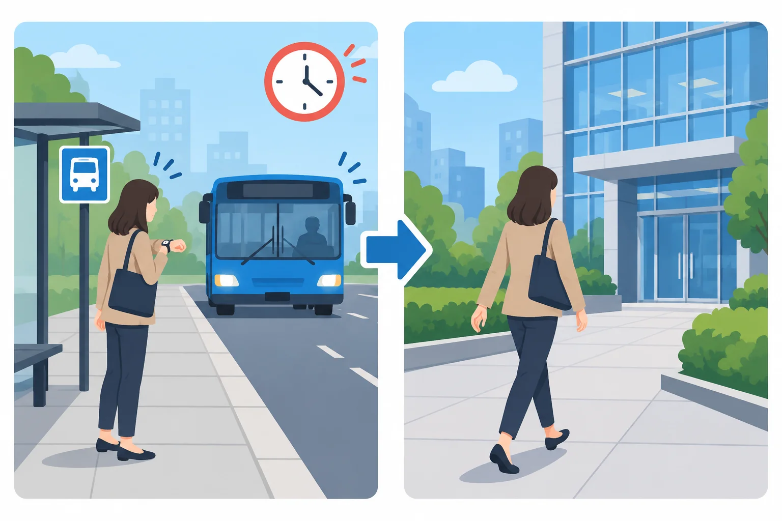 Esquema visual: um ônibus atrasado leva Maya a caminhar para o trabalho.