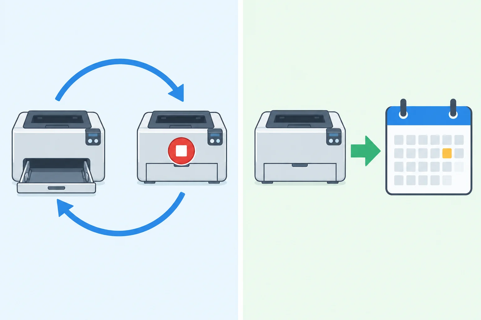 Comparação visual entre um ciclo repetido de falta de papel e impressora parada, e uma única data futura para manutenção da impressora.