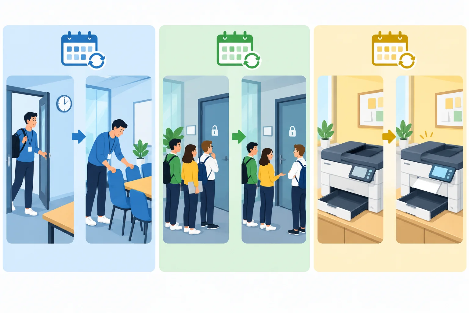 Três relações habituais em uma equipe de estudo: chegar cedo e preparar a sala; não trazer o cartão e esperar fora; impressora sem papel e documentos não impressos.
