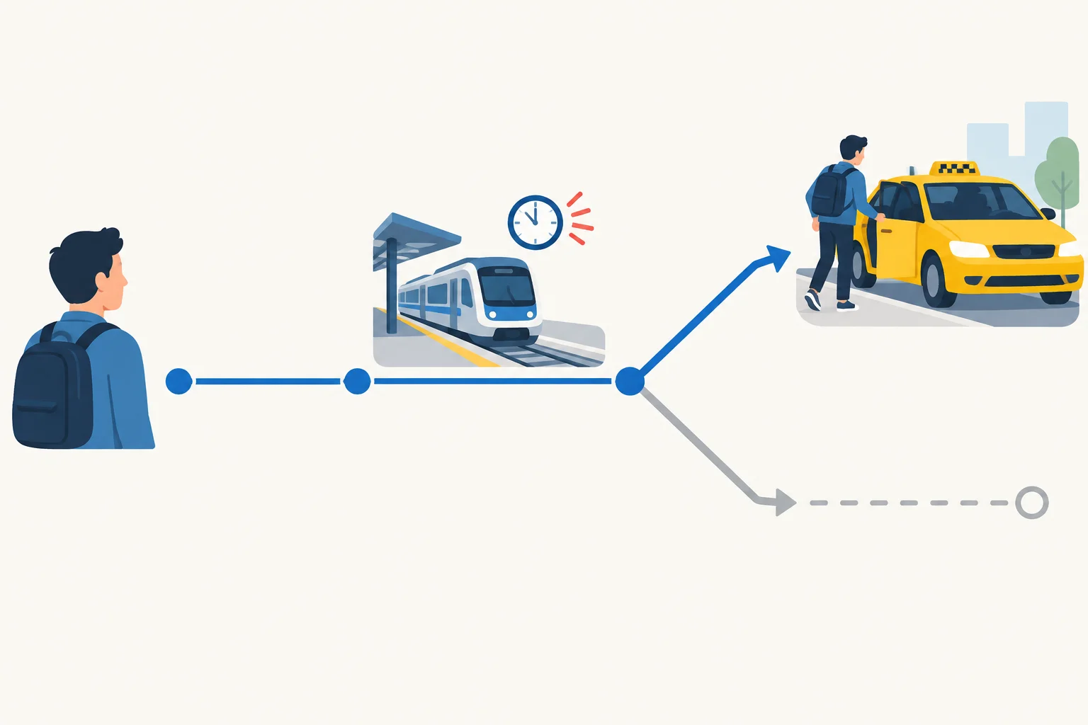 Diagrama de uma possibilidade futura: um trem pode atrasar e, se isso acontecer, a pessoa pega um táxi.