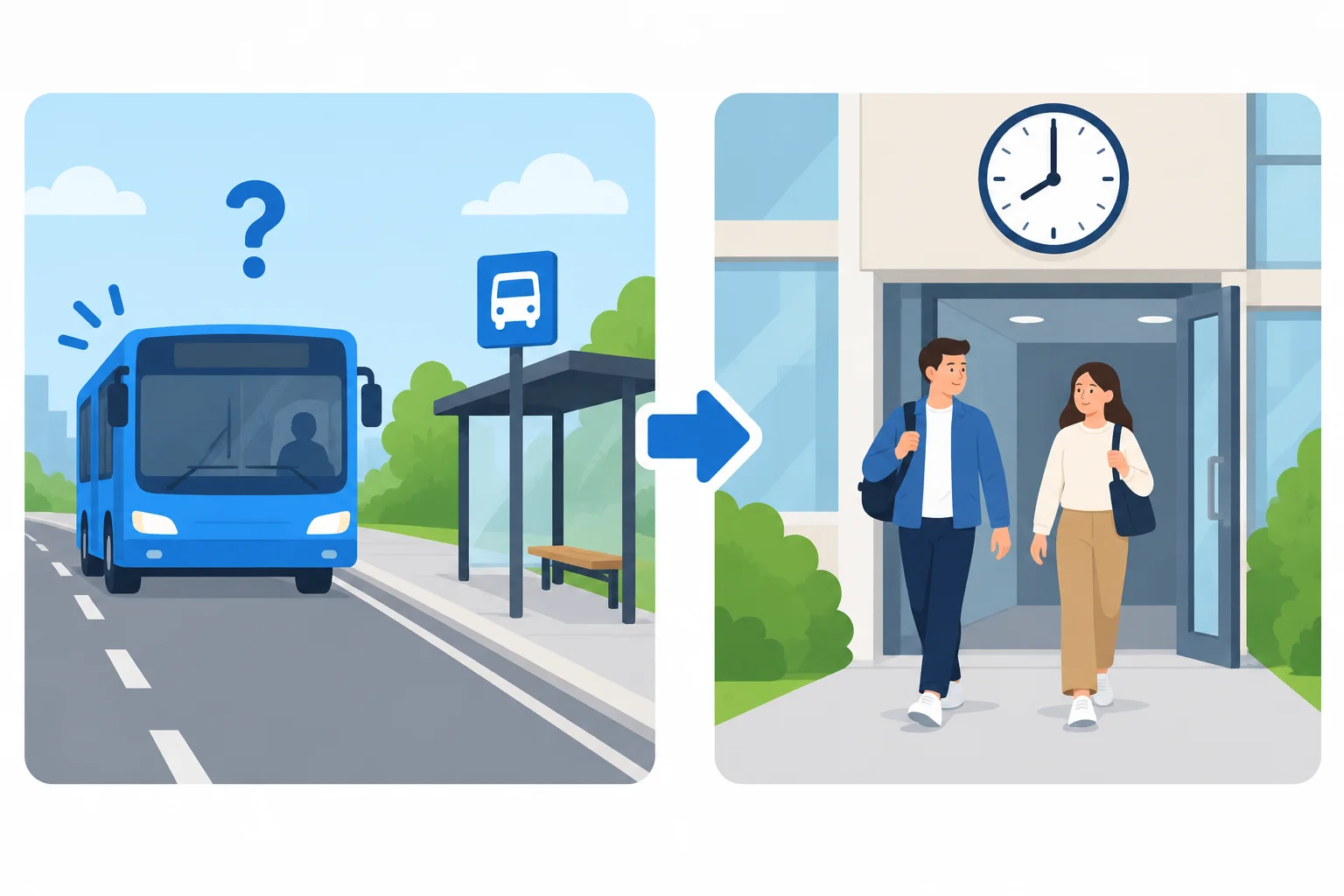 Diagrama com um ônibus que pode chegar cedo ligado por uma seta a pessoas saindo às oito.