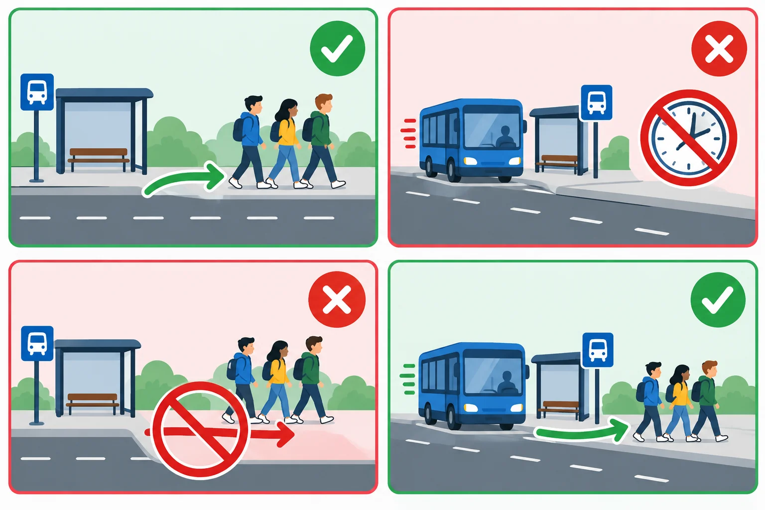 Diagrama com quatro combinações entre a chegada ou não chegada de um ônibus e consequências que acontecem ou não acontecem.