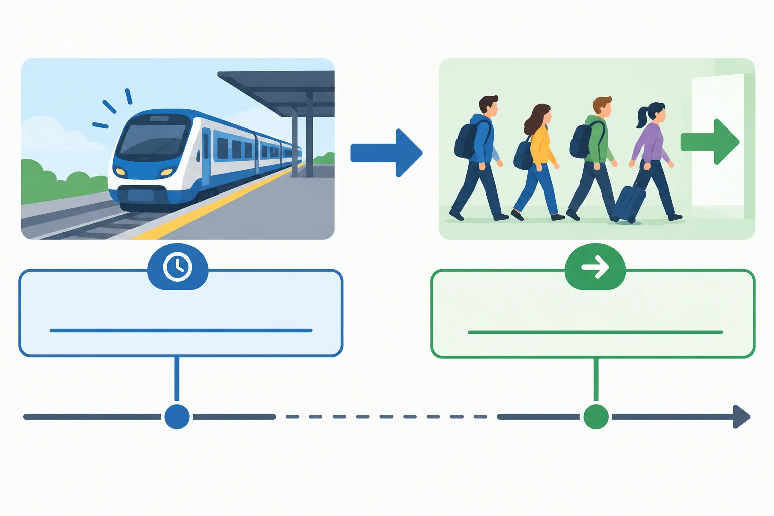 Diagrama de linha do tempo: a chegada de um trem ocorre antes da saída de um grupo.