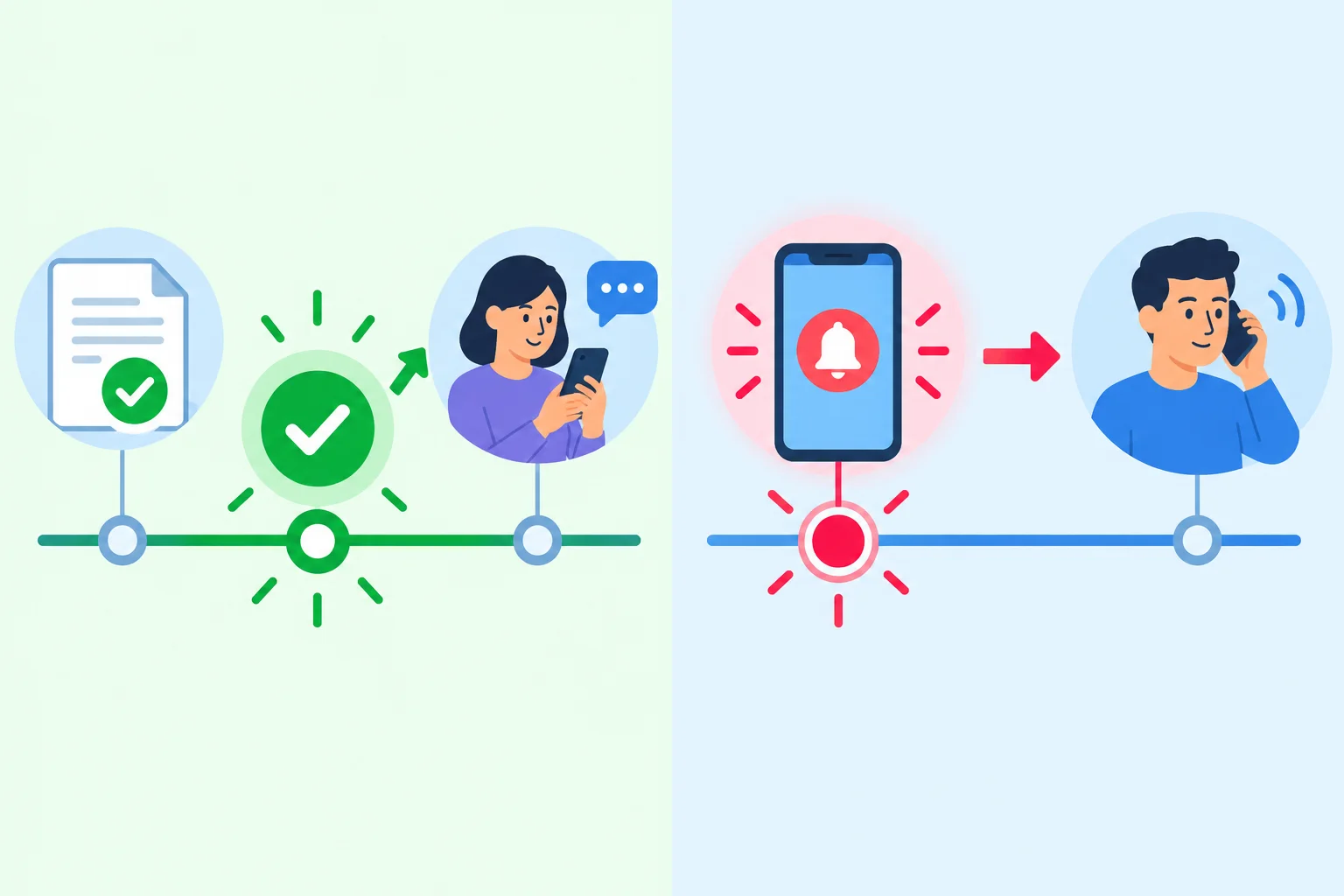 Comparação visual: uma aprovação concluída libera o envio de uma mensagem; uma notificação recebida provoca uma ligação imediata.