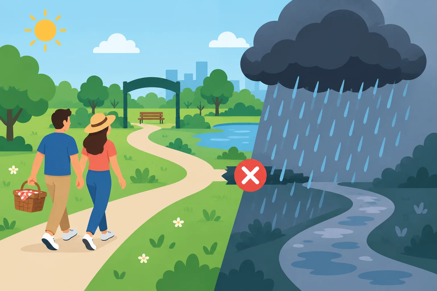 Esquema com uma ida prevista ao parque e uma nuvem de chuva como exceção que interfere nesse plano.