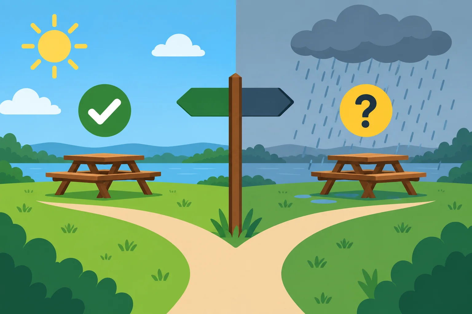 Diagrama com dois caminhos: sem chuva, o piquenique está previsto; com chuva, há uma interrogação sobre o resultado.